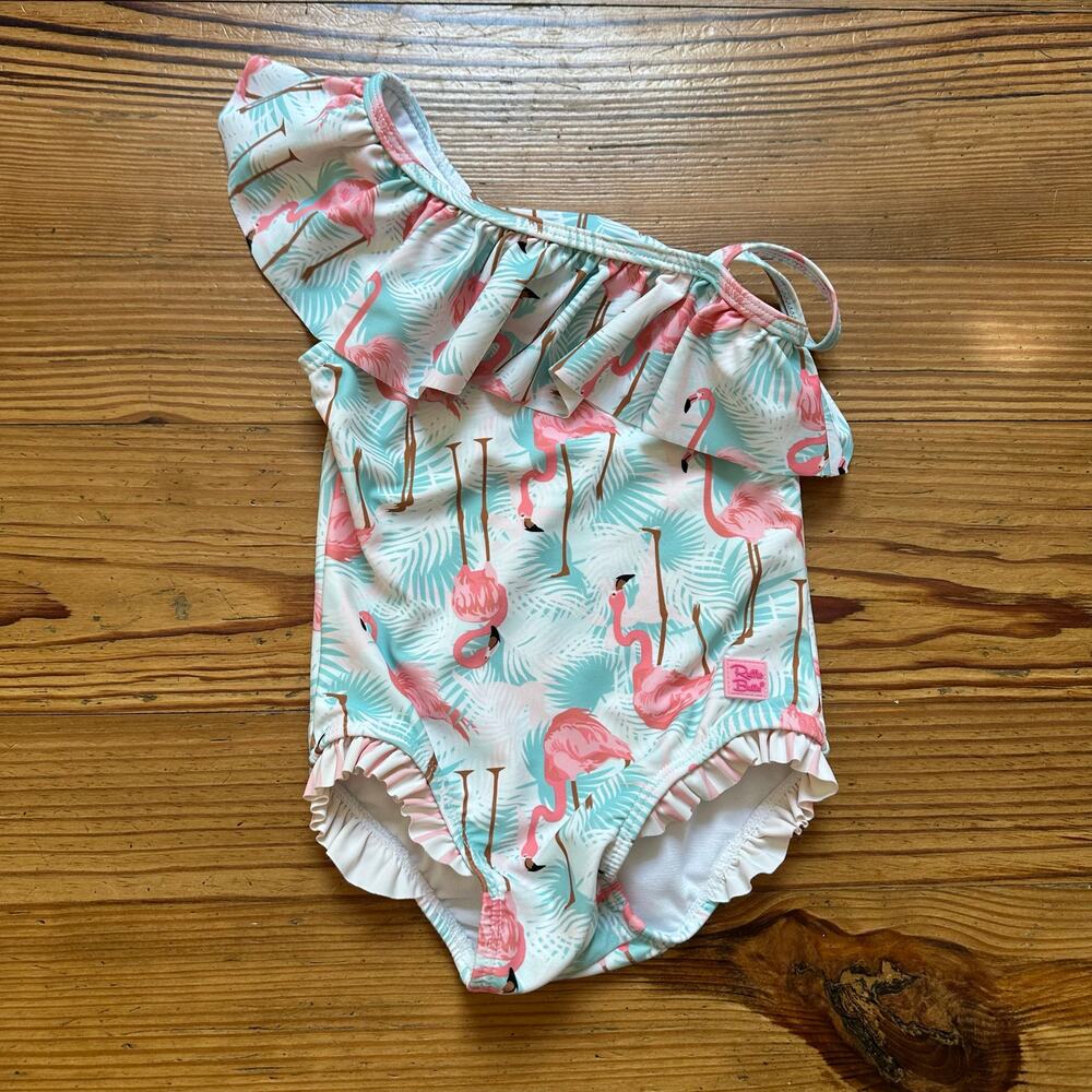 Ruffle Butts pink green flamingo ruffle one shoulder one‎ piece swimsuit SIZE 2T